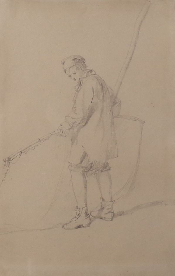 John Henry Mole (British, 1814-1886), A boy with a fishing net, pencil, 27 x 17.5cm  Provenance: Agnews, no.44510