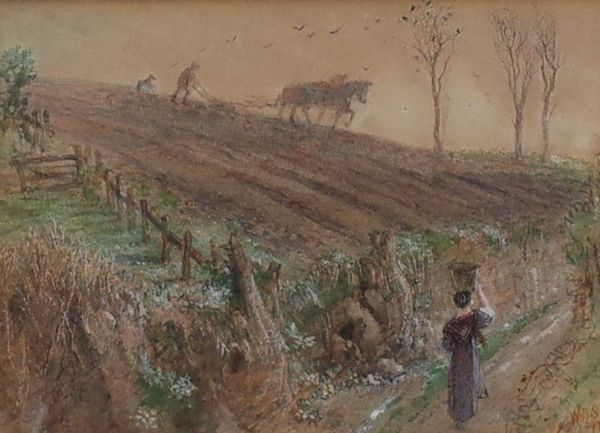 William Bell Scott (British, 1811-1890), Winter ploughing, signed with initials and dated 'W B S 1885' (lower right), pencil, watercolour and...