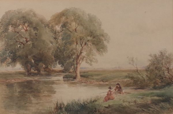 Edmund Morison Wimperis (British, 1835-1900), Two figures fishing, signed with initials 'EMW' (lower right), watercolour, 19.5 x 29cm