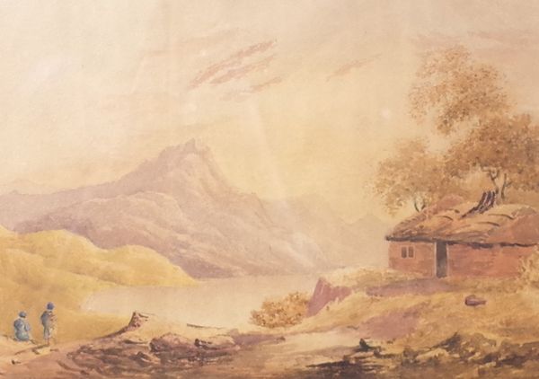 English School, 19th Century, Figures overlooking a lake, watercolour, 21.5 x 31cm; to be sold with a watercolour of a country lane by V M Ayre, and...