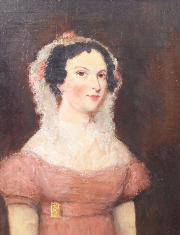 English School, 19th Century, Portrait of a lady in a pink dress, oil on canvas, 50 x 39cm