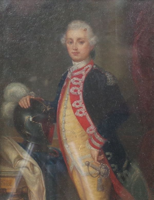 English School, late 18th Century, Portrait of a gentleman in a blue coat resting his hand on a helmet, oil on panel, 24 x 18.5cm