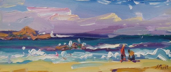 Jeffrey Pratt (British, b.1940), Figures on a beach, signed 'J Pratt' (lower right), oil on board, 15.5 x 36cm ARR