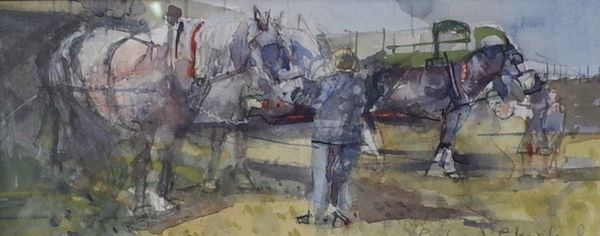 Richard Pikesley (British, b.1951), Heavy Horses, Melplash, signed 'Richard Pikesley' (lower right), watercolour, 10 x 25cm ARR