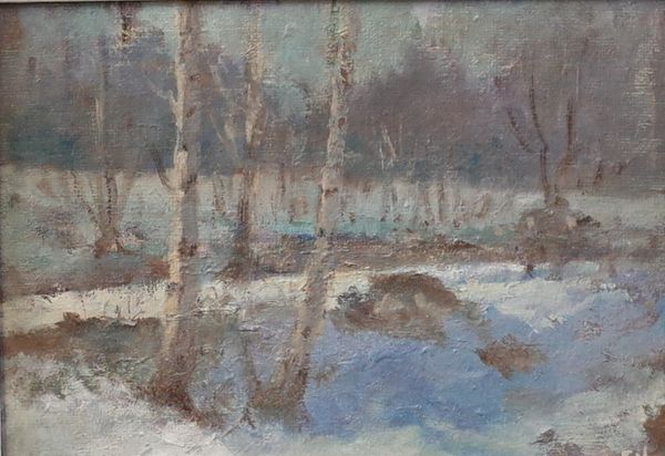 Ernest Matthews (British 20th Century), Silver birches in the snow, signed with initials (lower right), oil on canvas-board, 16.5 x 24cm ARR