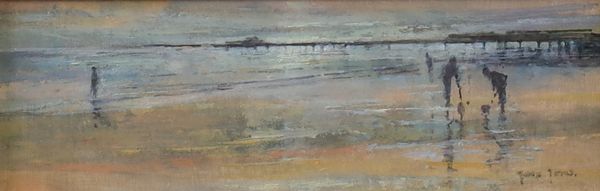 Jean Jones (British, 20th Century), Brighton Beach, signed 'Jean Jones' (lower right), oil on board, 11 x 34cm ARR