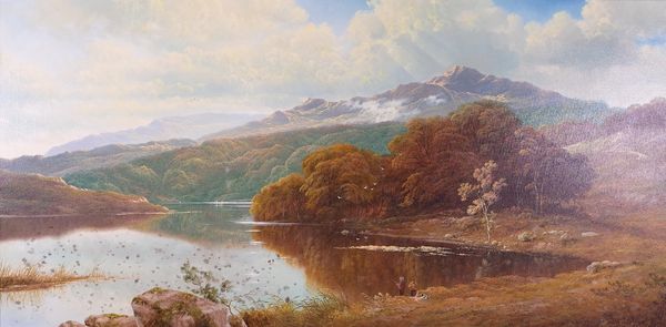 Andrew Grant Kurtis (British, 20th Century), Men fishing on a lake with mountains beyond, signed, oil on canvas, 60 x 121cm ARR