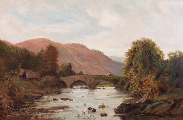 English School, 19th Century, A bridge across a river in a landscape, oil on canvas, 49 x 75cm