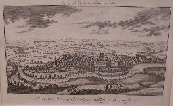 English School, Perspective view of of the city of Bath, engraving, 19 x 30cm, together with; an engraving of Bath Abbey Church; an engraving of Bath...