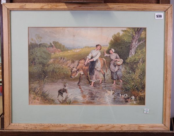 After Myles Birket Foster, Crossing a stream, colour print, 30 x 45cm, together with; a pair of colour prints after Birket Foster, each 14 x 11cm; a...