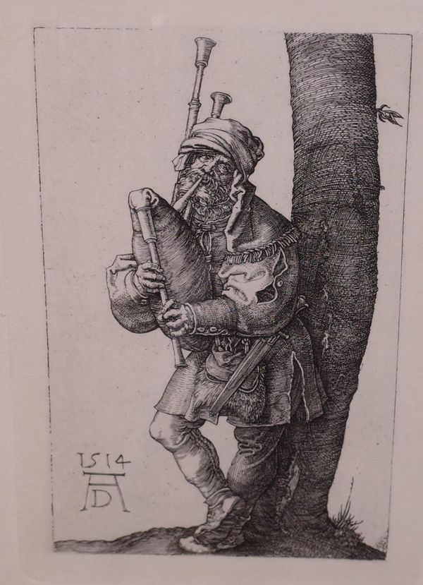 After Albrecht Durer, The Bagpiper, engraving, 11.5 x 7cm