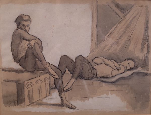 Clifford Hall (British, 1904-1973), Ballet dancers at rest, signed 'Clifford Hall' (upper right), ink and wash, 26 x 34.5cm ARR