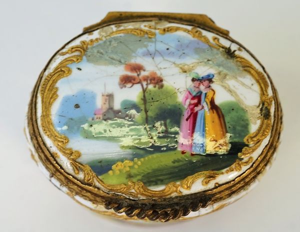 A late 18th-century enamel and gilt metal mounted bonbonniere, probably Staffordshire, decorated with three panels depicting pastoral scenes, 3.7cm...