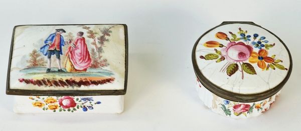 COLLECTED - A late 18th-century South Staffordshire circular enamel patch box, painted with flowers, 6.1cm diameter, and a rectangular enamel snuff box, the...