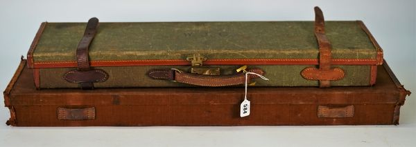 John Dickson & Son, Edinburgh, a leather bound canvas shotgun travelling case, 83cm wide, together with a  Webley & Scott Ltd, Birmingham, leather...