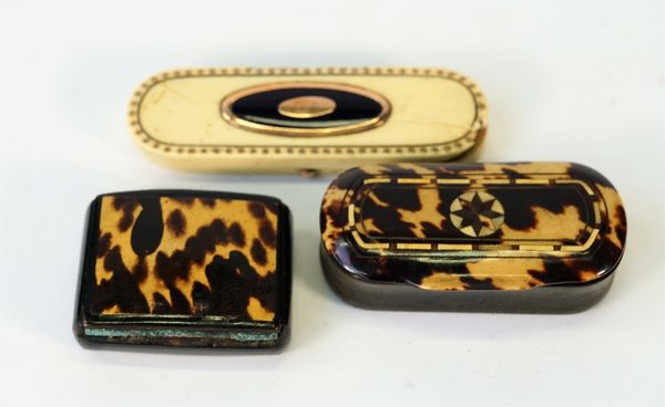 A George III ivory toothpick case, the cover applied with a blue enamel and gold panel (a.f), a 19th century tortoiseshell snuff box and a similar...