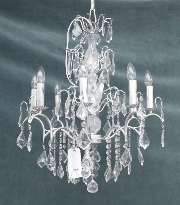 A modern silver painted metal and glass eight-light chandelier, 74cm drop x 61cm wide.