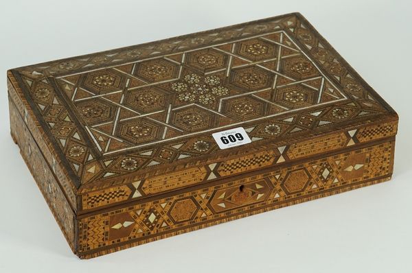 A Syrian rectangular wooden parquetry bone and mother-of-pearl box, the hinged cover and sides with geometric pattern, 32 x 21.5 x 7.5cm, a mahjong...