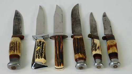 Four early 20th century bone handled hunting knives and two later knives, to include examples by Bexfield Sheffield, J.H Thompson, Fagan and Venture...