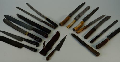 A group of sixteen various steel bladed knives, mostly Sheffield with bone and wood handles, to include examples by H.G. Long & Co, Joseph Haywood,...