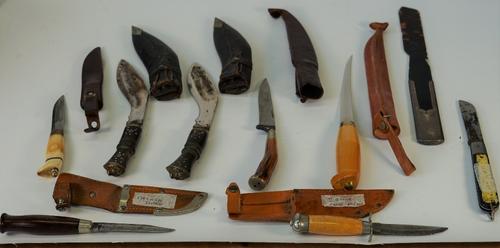 A group of eight various knives, including examples by Mocara Sweden and H.G. Long of Sheffield, a late Victorian silver mounted and tortoiseshell...