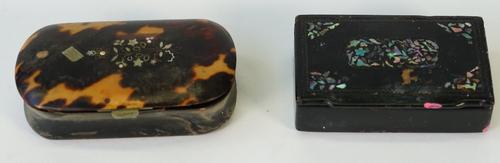 A 19th century tortoiseshell snuff box, 8cm wide, together with a papier mache and abalone shell inlaid rectangular snuff box, 7cm wide, (2).