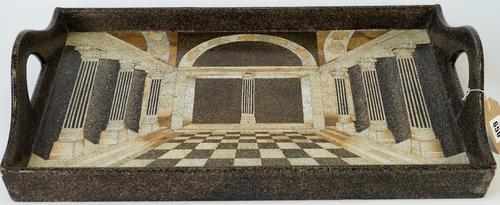 An early 20th century black lacquer and eggshell micro mosaic twin handled serving tray, 61cm x 41cm.