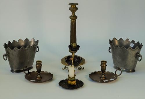 A late 19th century French ormolu and bronze chamberstick, the base formed as a leaf, a pair of pewter jardinieres, a WAS Benson style copper and...