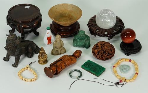 Collectables, comprising; a pottery bowl, possibly Song dynasty or later, a rock crystal ball and a smaller goldstone ball, a carved aventurine...