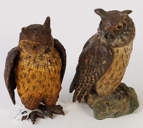 An Austrian cold painted bronze model of an owl, unsigned, 11cm high, together with another later example, 11.8cm high, (2).
