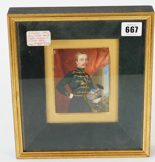 A mid-19th century portrait miniature of a European army officer, dressed in uniform and holding a helmet, framed and glazed, approximate size of...