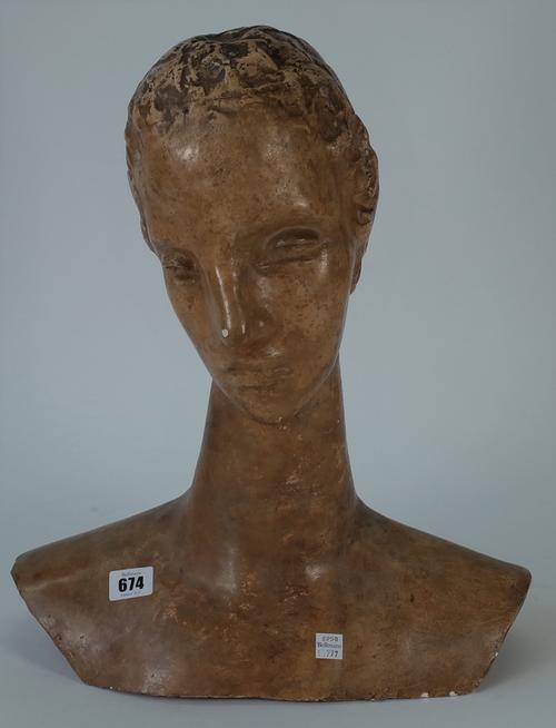 After Wilhelm Lehmbruck (1881-1919), a painted plaster bust of a female, unsigned, 43cm high.
