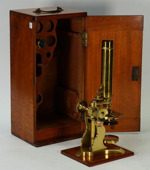 A mid-19th century lacquered brass telescope, engraved to the foot 'James How, 2 Foster Lane, London', 41cm high fully extended, in a fitted mahogany...