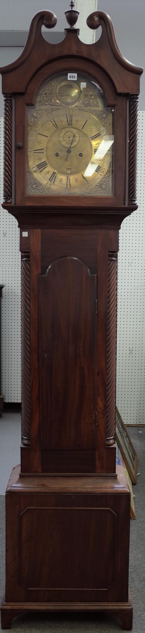 A late George III mahogany longcase clock, the brass arch top dial detailed 'Simon Ganderon, London', two weights, 226cm high.