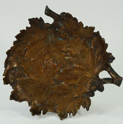 Albert Marionnet, (French 1852 ~ 1910), a patinated bronze platter, cast in the form of overlapping maple leaves, one stalk inscribed A MARIONNET,...