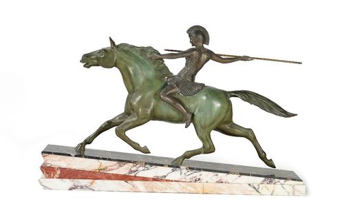 An Art Deco patinated spelter sculpture of an Amazon on horseback, mounted on a stepped marble base, inscribed 'Melo', 75cm wide.
