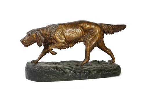 After Masson, a patinated spelter sculpture of a retriever, 54cm wide.