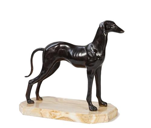 A patinated bronze model of a stylised greyhound, mounted on a rectangular canted-corner marble base, inscribed 'Ed.HAMILTON', 33cm high.