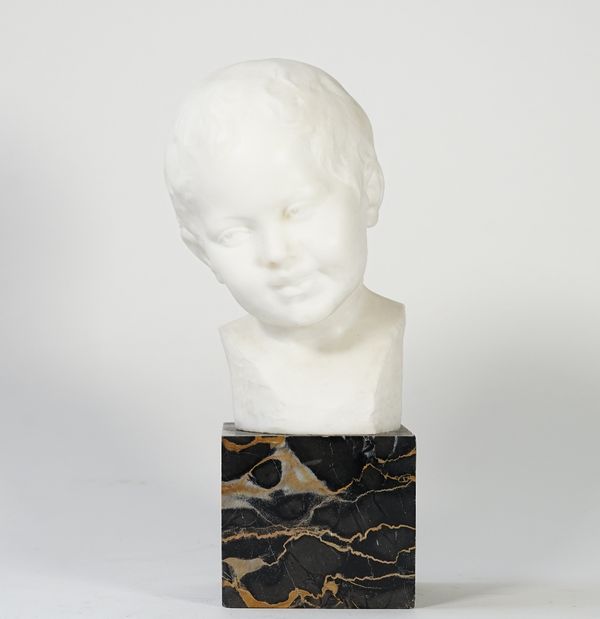 A white marble bust of a child, inscribed 'P.Sanchi', mounted on a square marble plinth, 31cm high.