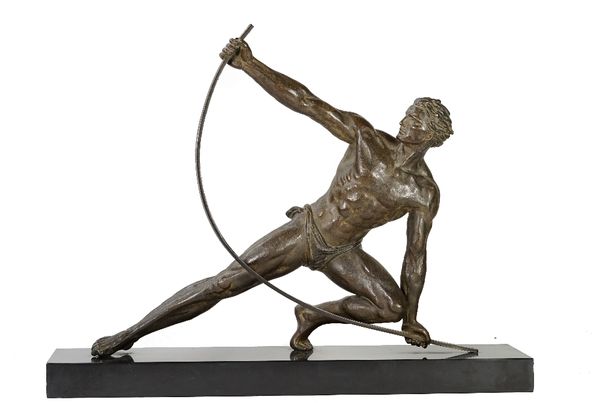 After Jean de Roncourt, Le Bendeur, patinated bronze and spelter model of an athlete, mounted on a rectangular marble base, 72cm wide.