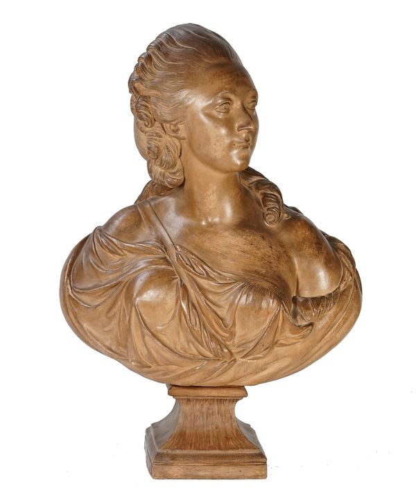 A painted terracotta portrait bust of Madame La Comtesse Du Barry, in the Louis XV style, 64cm high.