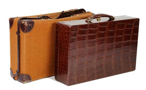 Hermes, Paris, a crocodile skin travelling jewellery/vanity case, the fitted interior with a removable tray and velvet cushions, with key and canvas...
