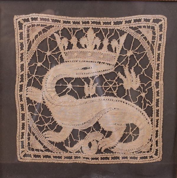 A pair of panels of lace depicting animals, 20cm square, and two others, all later framed (4).