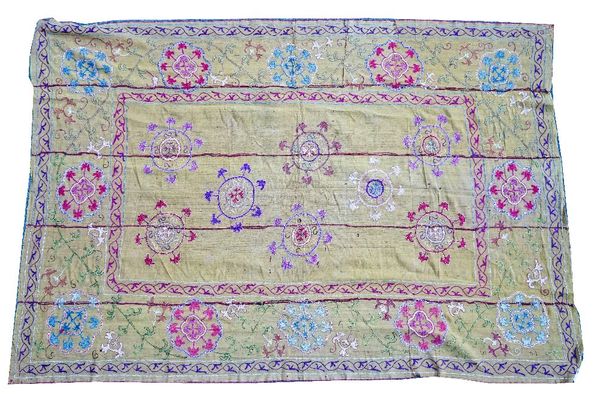 WITHDRAWN in collection room  A Bokhara embroidered panel, the plain field with eight circular motifs, similar border with waved vine, 200cm x 138cm,...