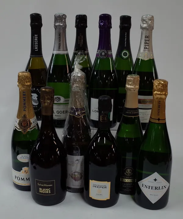 Champagne: Pommery Blanc de Blancs Brut; Sylvie Moreau Blanc de Noirs Extra Brut; Regis Poissinet Terre d'Irizee Extra Brut; Jeeper Naturelle Extra...