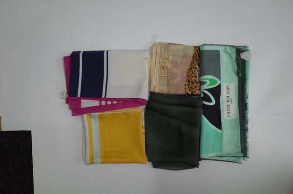 A collection of designer silk scarves comprising a Salvatore Ferragamo example; a Christian Dior example, a Pierre Balman example; a Georgio Armani...