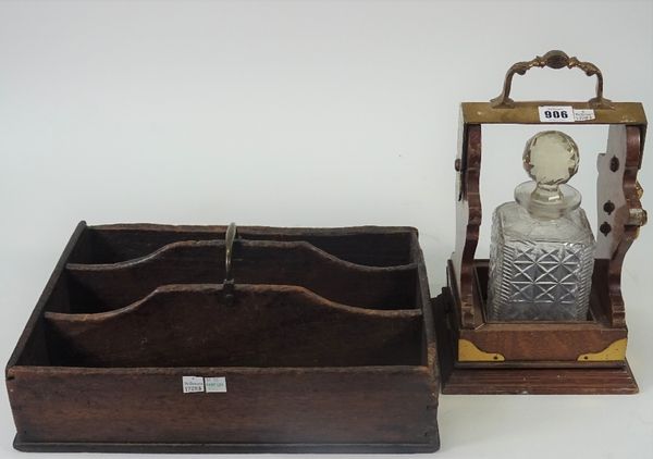 C. DORFLINGER & SONS, NEW YORK; a brass and oak single decanter tantalus, 18cm wide x 33cm high, together with a George III three division mahogany...