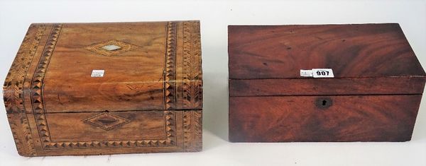 A mid-19th century mahogany rectangular tea caddy, with twin lidded interior, 30cm wide x 14cm high, and a Victorian inlaid walnut dome top box, 30cm...