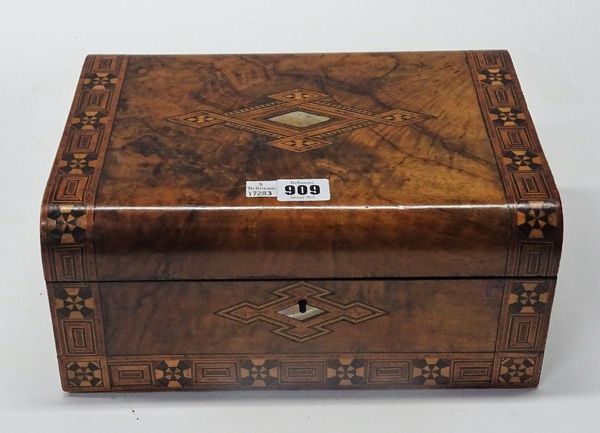 A Victorian parquetry inlaid and mother-of-pearl walnut dome top box, 30cm wide x 13cm high, together with a late 19th century walnut jewellery box,...