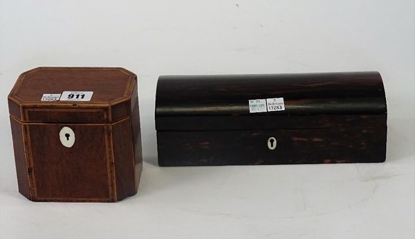 A George III tulipwood banded harewood single caddy, of canted rectangular form, 12.5cm wide x 11cm high, together with a Victorian dome top...